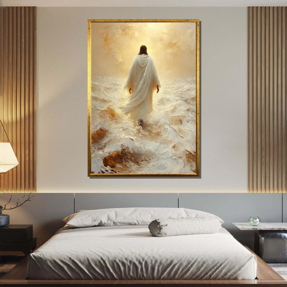 Path of Faith Canvas Art, Jesus Walking Through Waves, Christian Spiritual Wall Decor, Divine Peace Artwork, Ready to Hang