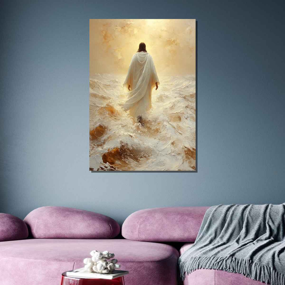 Path of Faith Canvas Art, Jesus Walking Through Waves, Christian Spiritual Wall Decor, Divine Peace Artwork, Ready to Hang