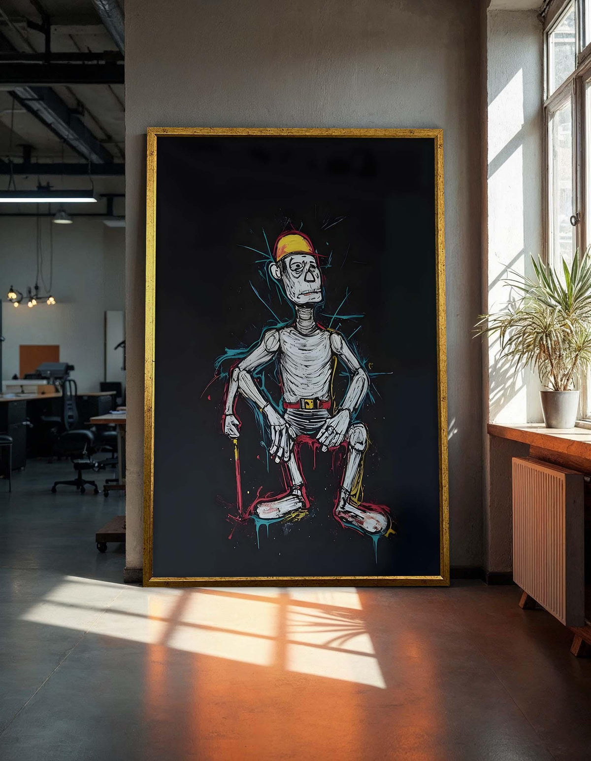 Quirky Skeleton Worker Art, Abstract Laborer Painting, Unique Gothic Wall Decor,Colorful Skeleton Canvas, Playful Halloween Art,Gift for Him