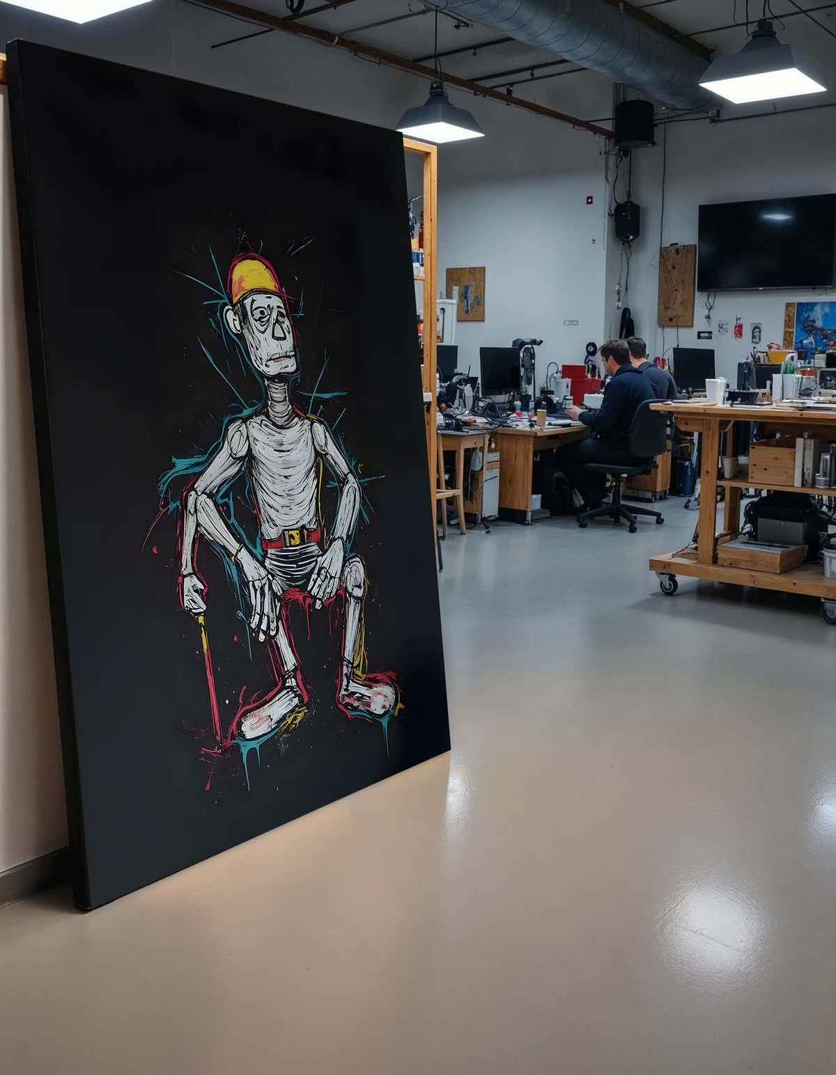 Quirky Skeleton Worker Art, Abstract Laborer Painting, Unique Gothic Wall Decor,Colorful Skeleton Canvas, Playful Halloween Art,Gift for Him