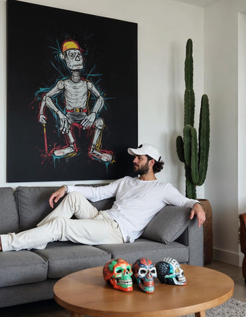 Quirky Skeleton Worker Art, Abstract Laborer Painting, Unique Gothic Wall Decor,Colorful Skeleton Canvas, Playful Halloween Art,Gift for Him