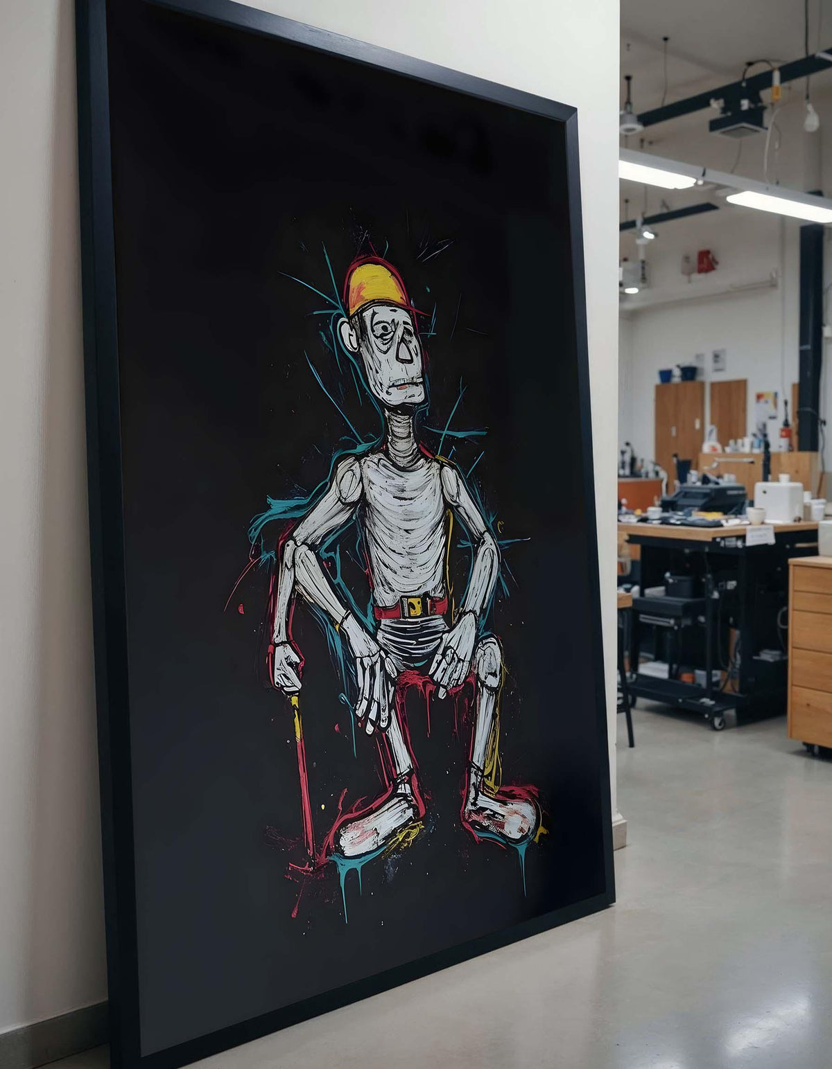 Quirky Skeleton Worker Art, Abstract Laborer Painting, Unique Gothic Wall Decor,Colorful Skeleton Canvas, Playful Halloween Art,Gift for Him