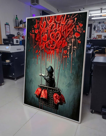 Banksy Hot Air Balloon Graffiti, Colorful Street Art,Ready To Hang,Famous Art,Romantic Balloon Art, Dripping Heart Hot Air Balloon Painting