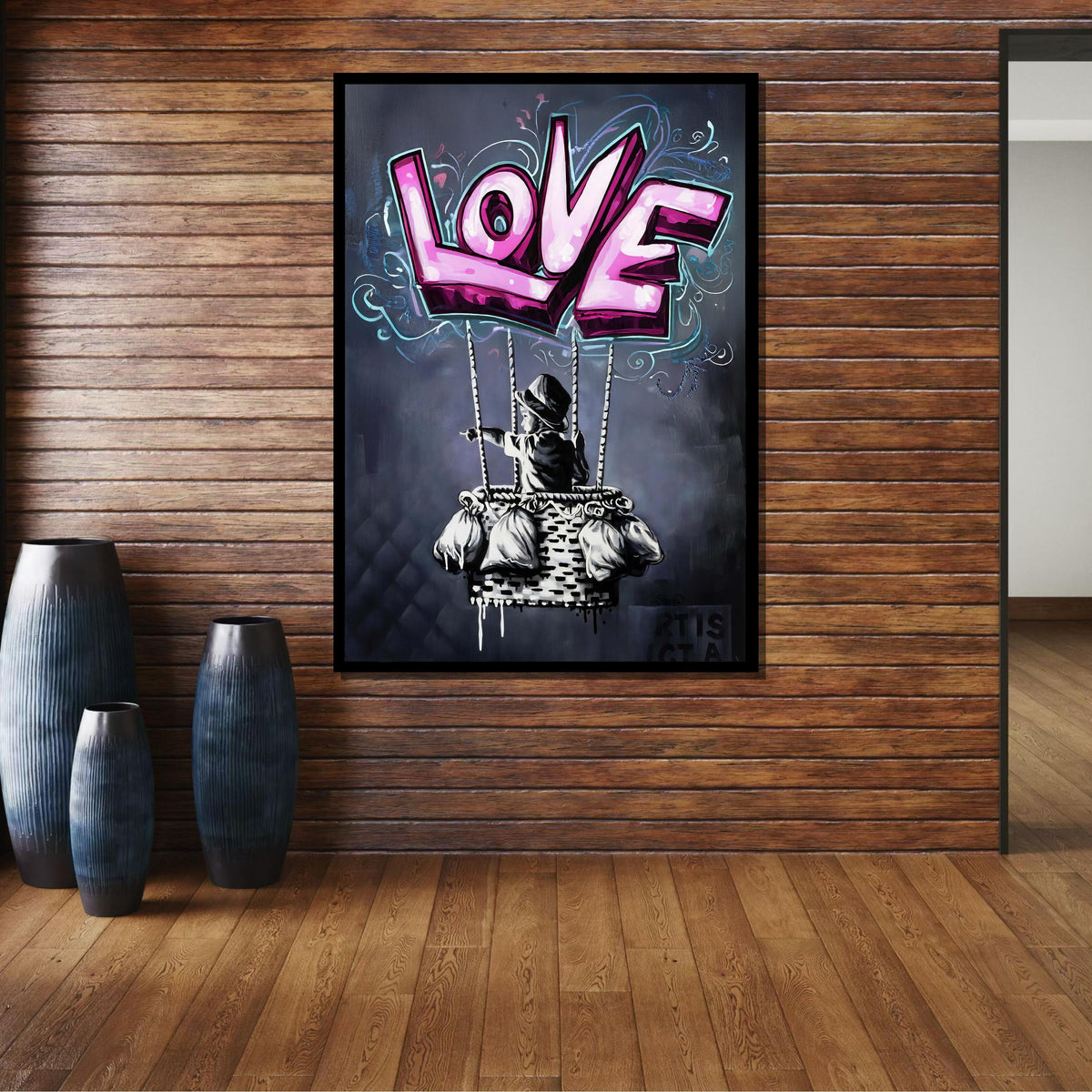 Banksy Hot Air Balloon Graffiti, Graffiti Love Balloon Art, Whimsical Street Art Style, Bold Love-Themed Wall Decor, Unique Romantic Canvas