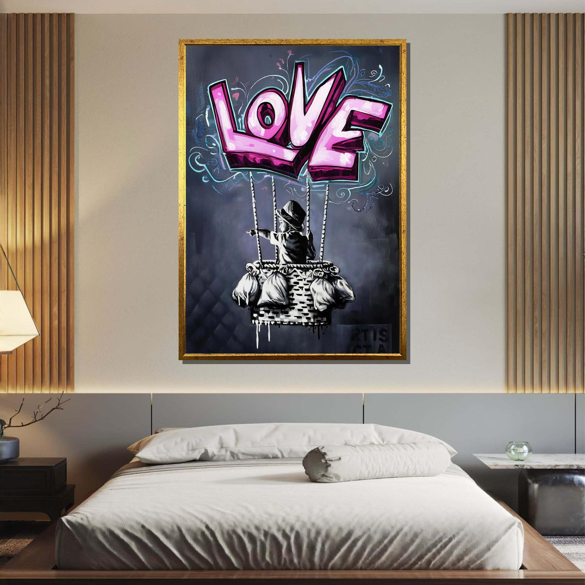 Banksy Hot Air Balloon Graffiti, Graffiti Love Balloon Art, Whimsical Street Art Style, Bold Love-Themed Wall Decor, Unique Romantic Canvas