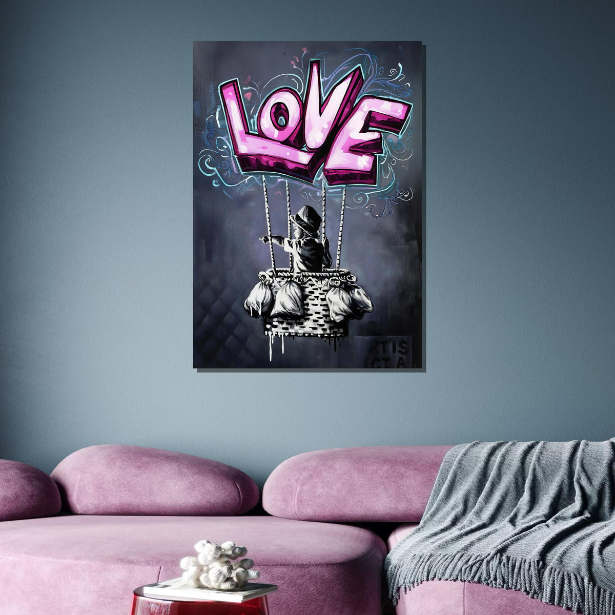 Banksy Hot Air Balloon Graffiti, Graffiti Love Balloon Art, Whimsical Street Art Style, Bold Love-Themed Wall Decor, Unique Romantic Canvas