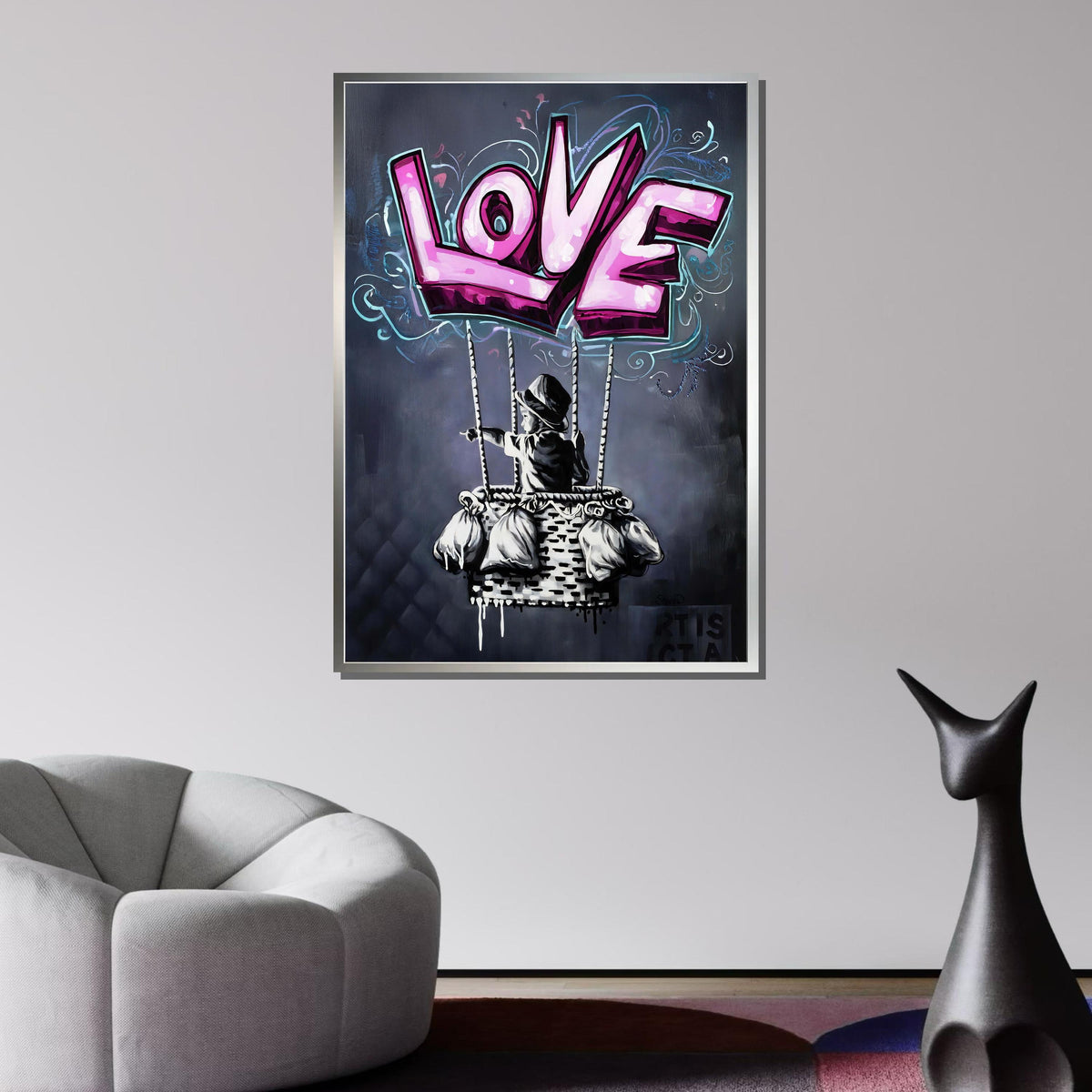 Banksy Hot Air Balloon Graffiti, Graffiti Love Balloon Art, Whimsical Street Art Style, Bold Love-Themed Wall Decor, Unique Romantic Canvas