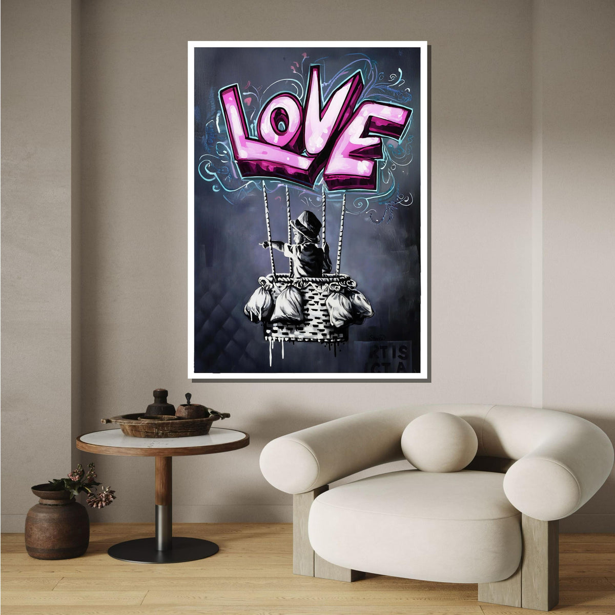 Banksy Hot Air Balloon Graffiti, Graffiti Love Balloon Art, Whimsical Street Art Style, Bold Love-Themed Wall Decor, Unique Romantic Canvas