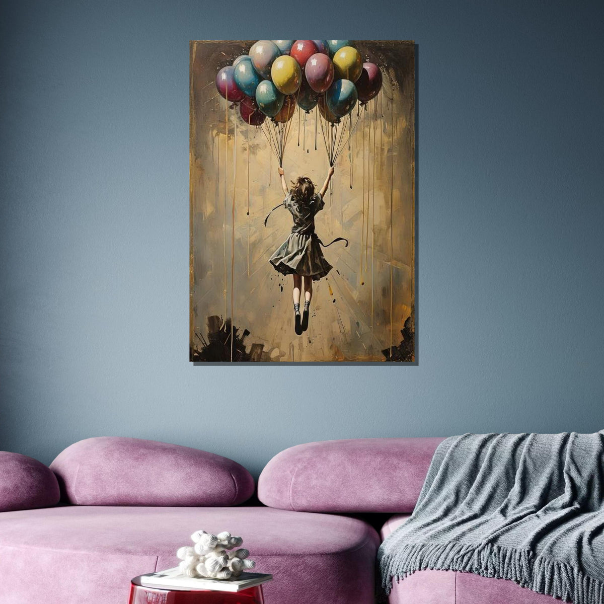 Girl with Balloons Art, Dreamy Hot Air Balloon Painting, Whimsical Childhood Wall Decor, Surreal Fantasy Canvas, Unique Gift for Her