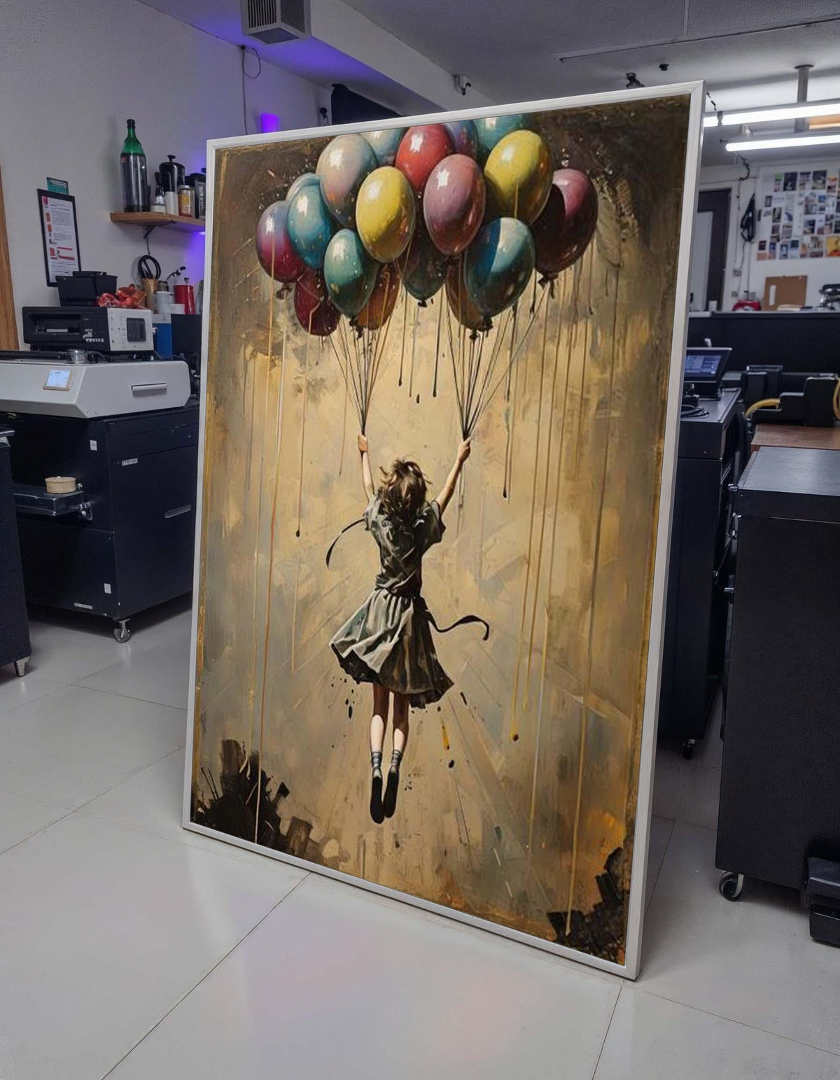Girl with Balloons Art, Dreamy Hot Air Balloon Painting, Whimsical Childhood Wall Decor, Surreal Fantasy Canvas, Unique Gift for Her