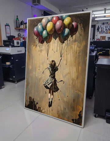 Girl with Balloons Art, Dreamy Hot Air Balloon Painting, Whimsical Childhood Wall Decor, Surreal Fantasy Canvas, Unique Gift for Her