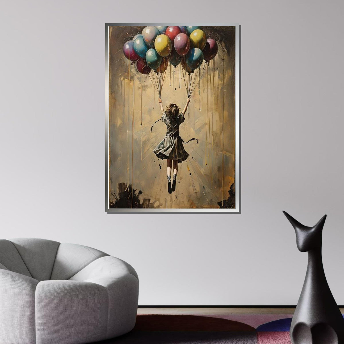 Girl with Balloons Art, Dreamy Hot Air Balloon Painting, Whimsical Childhood Wall Decor, Surreal Fantasy Canvas, Unique Gift for Her