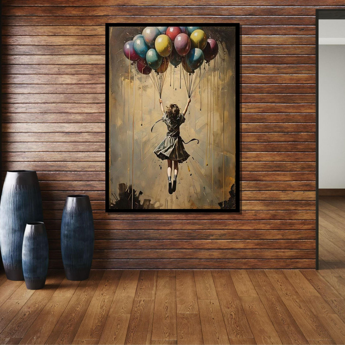 Girl with Balloons Art, Dreamy Hot Air Balloon Painting, Whimsical Childhood Wall Decor, Surreal Fantasy Canvas, Unique Gift for Her