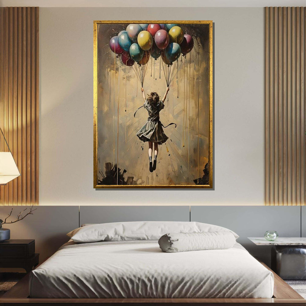 Girl with Balloons Art, Dreamy Hot Air Balloon Painting, Whimsical Childhood Wall Decor, Surreal Fantasy Canvas, Unique Gift for Her