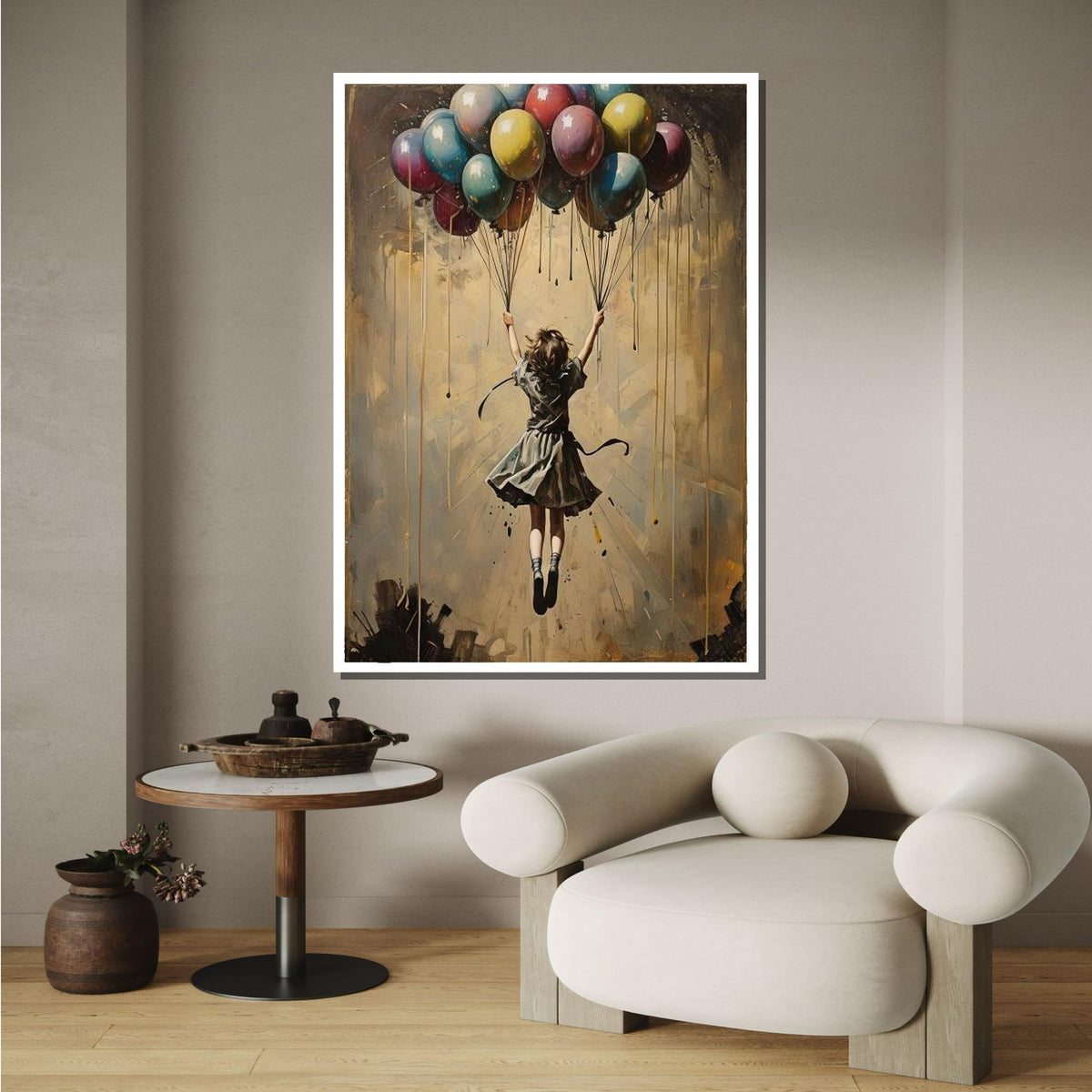 Girl with Balloons Art, Dreamy Hot Air Balloon Painting, Whimsical Childhood Wall Decor, Surreal Fantasy Canvas, Unique Gift for Her