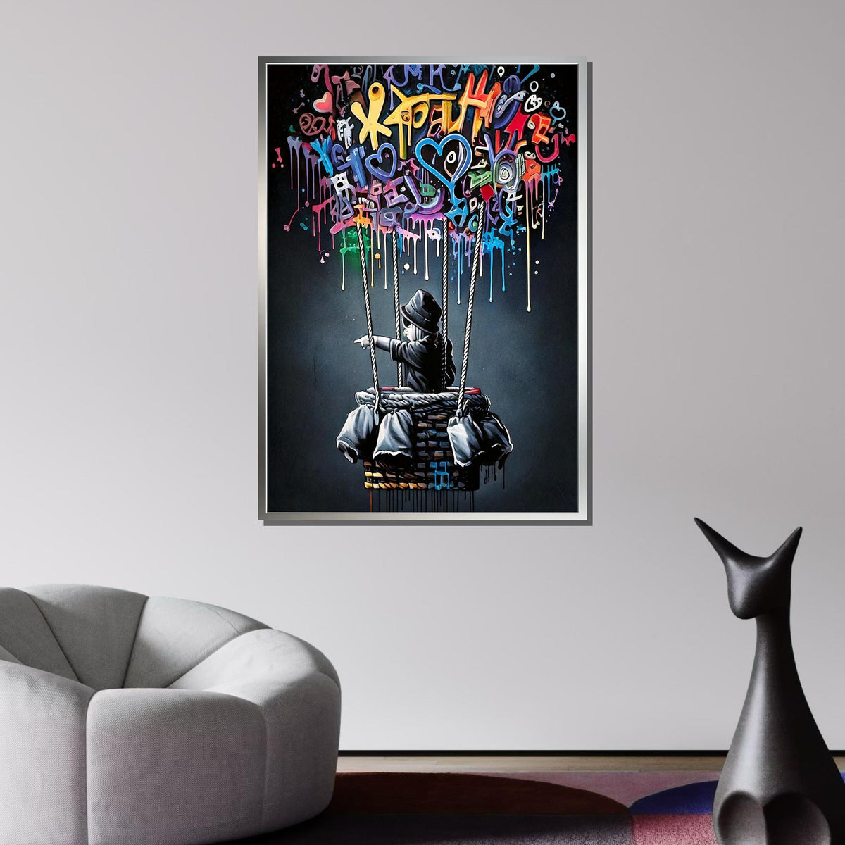 Graffiti Balloon Art, Whimsical Street Art Decor, Colorful Hot Air Balloon Painting, Urban Contemporary Canvas, Playful Modern Wall Art