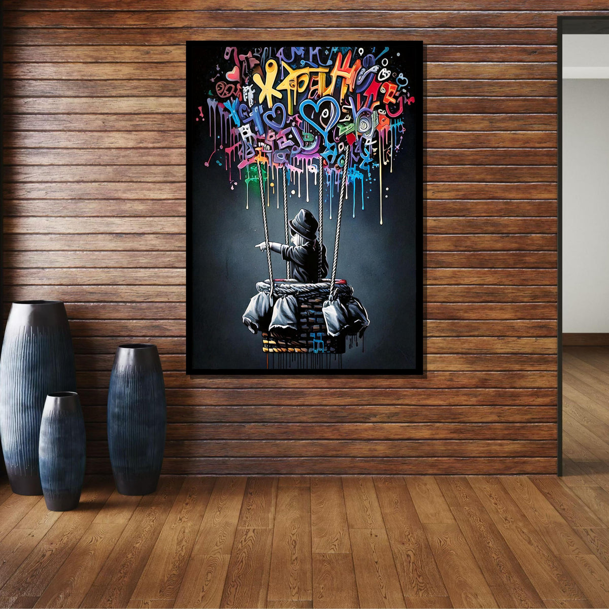 Graffiti Balloon Art, Whimsical Street Art Decor, Colorful Hot Air Balloon Painting, Urban Contemporary Canvas, Playful Modern Wall Art