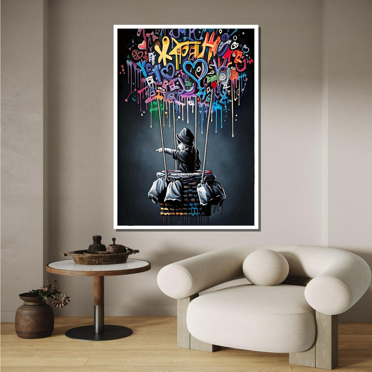 Graffiti Balloon Art, Whimsical Street Art Decor, Colorful Hot Air Balloon Painting, Urban Contemporary Canvas, Playful Modern Wall Art