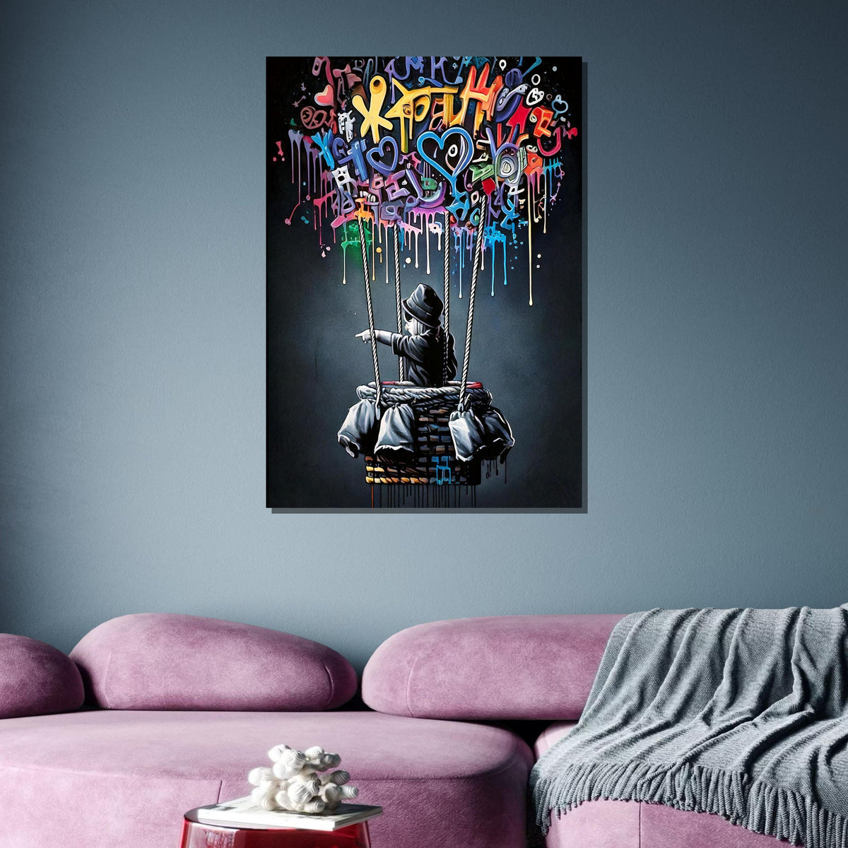 Graffiti Balloon Art, Whimsical Street Art Decor, Colorful Hot Air Balloon Painting, Urban Contemporary Canvas, Playful Modern Wall Art