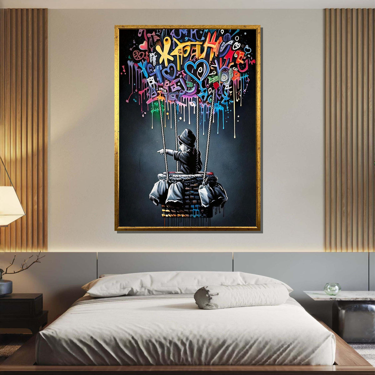 Graffiti Balloon Art, Whimsical Street Art Decor, Colorful Hot Air Balloon Painting, Urban Contemporary Canvas, Playful Modern Wall Art