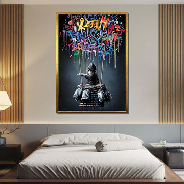 Graffiti Balloon Art, Whimsical Street Art Decor, Colorful Hot Air Balloon Painting, Urban Contemporary Canvas, Playful Modern Wall Art