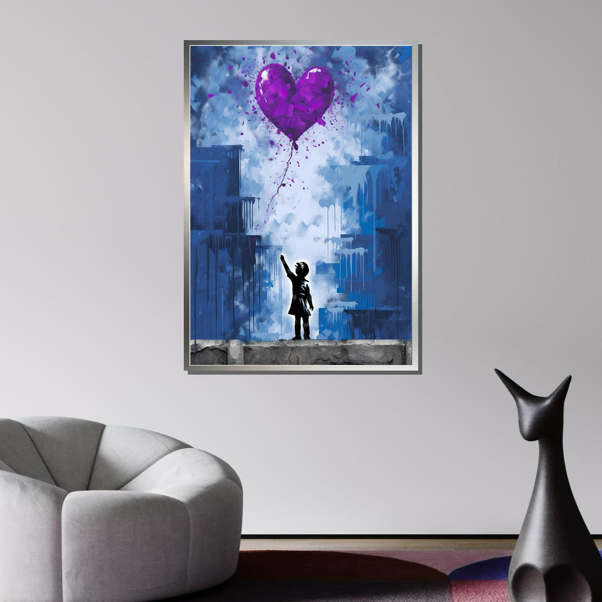 Purple Heart Balloon Street Art Canvas - Urban Wall Decor, Love and Hope Graffiti Print, Modern Pop Art for Home or Office, Ready to Hang