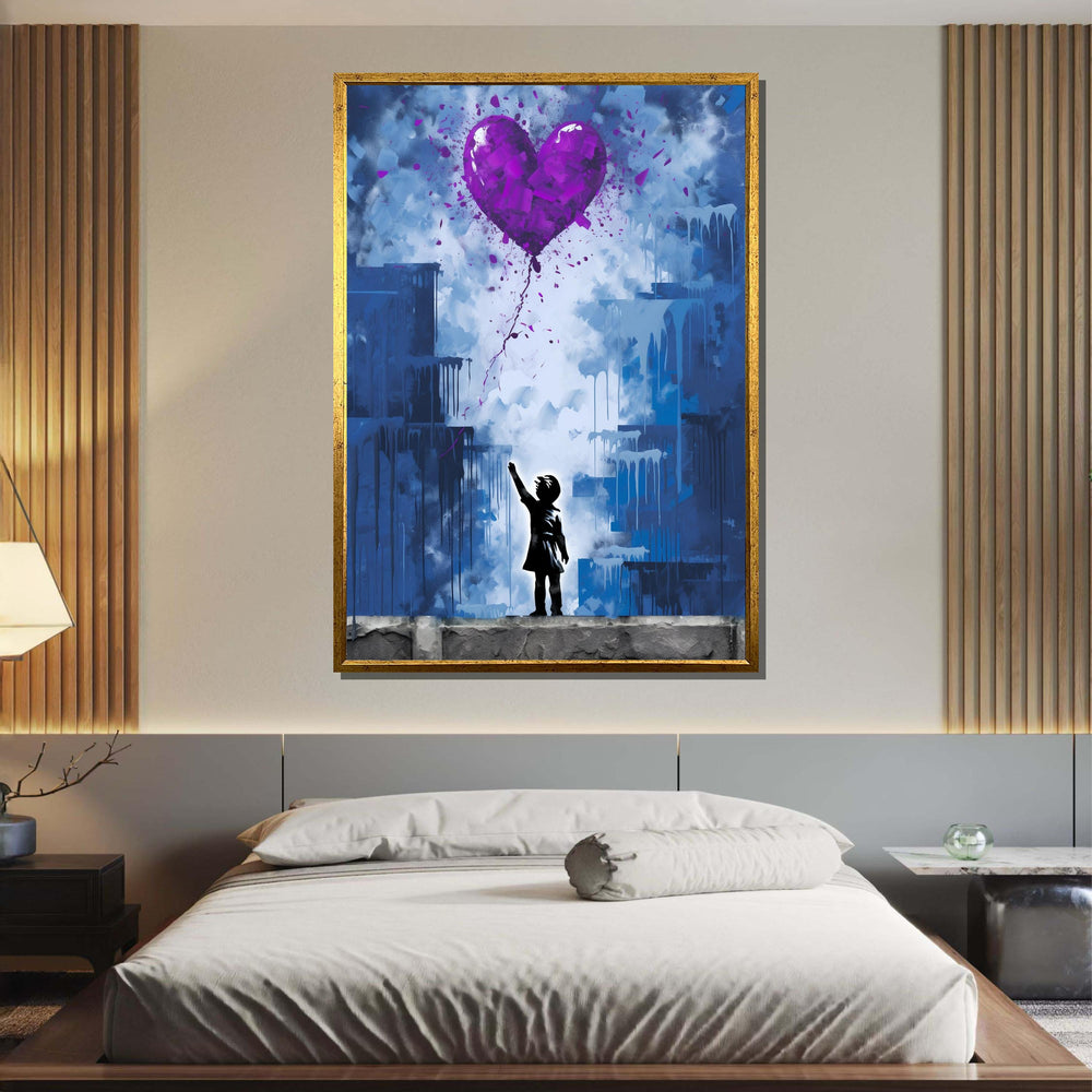 Purple Heart Balloon Street Art Canvas - Urban Wall Decor, Love and Hope Graffiti Print, Modern Pop Art for Home or Office, Ready to Hang