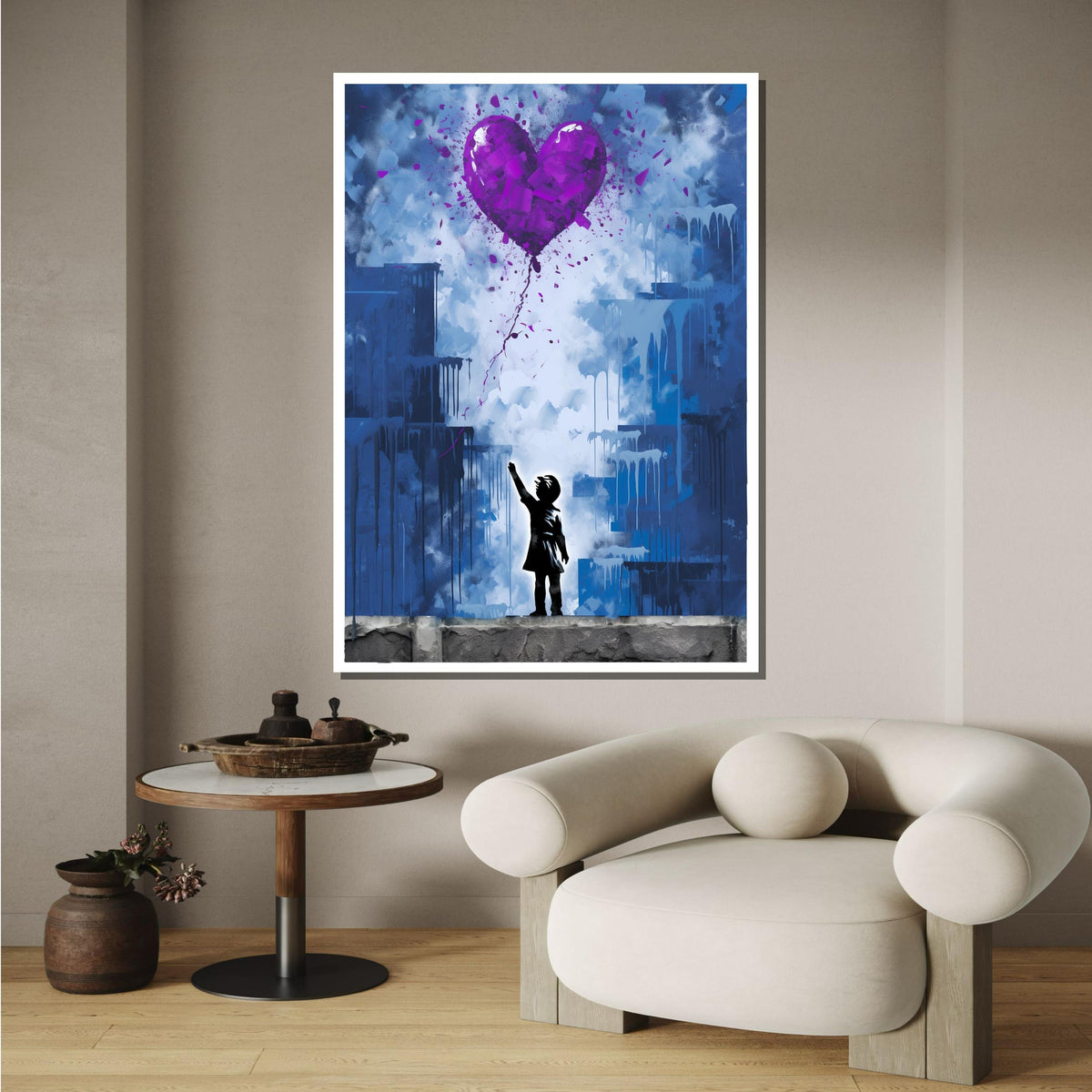 Purple Heart Balloon Street Art Canvas - Urban Wall Decor, Love and Hope Graffiti Print, Modern Pop Art for Home or Office, Ready to Hang