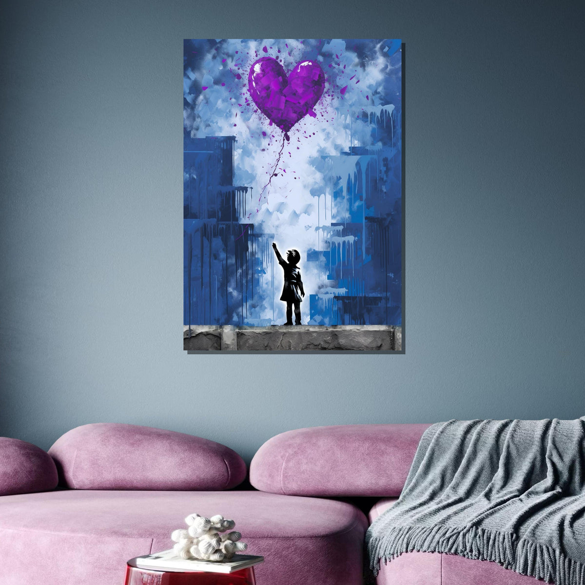 Purple Heart Balloon Street Art Canvas - Urban Wall Decor, Love and Hope Graffiti Print, Modern Pop Art for Home or Office, Ready to Hang