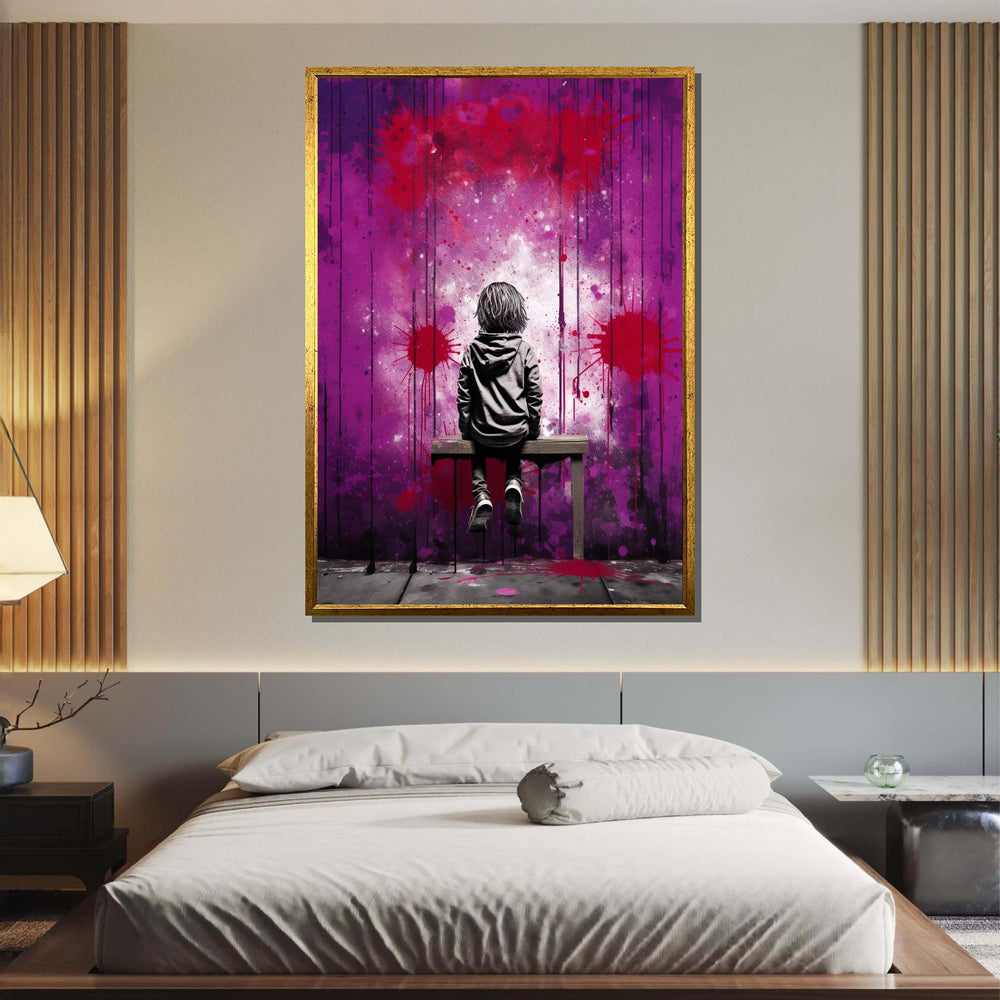 Street Art Canvas, Urban Graffiti Boy on Bench,Emotional Wall Art,Purple and Red Graffiti Print,Ready to Hang,Modern Bedroom or Office Decor