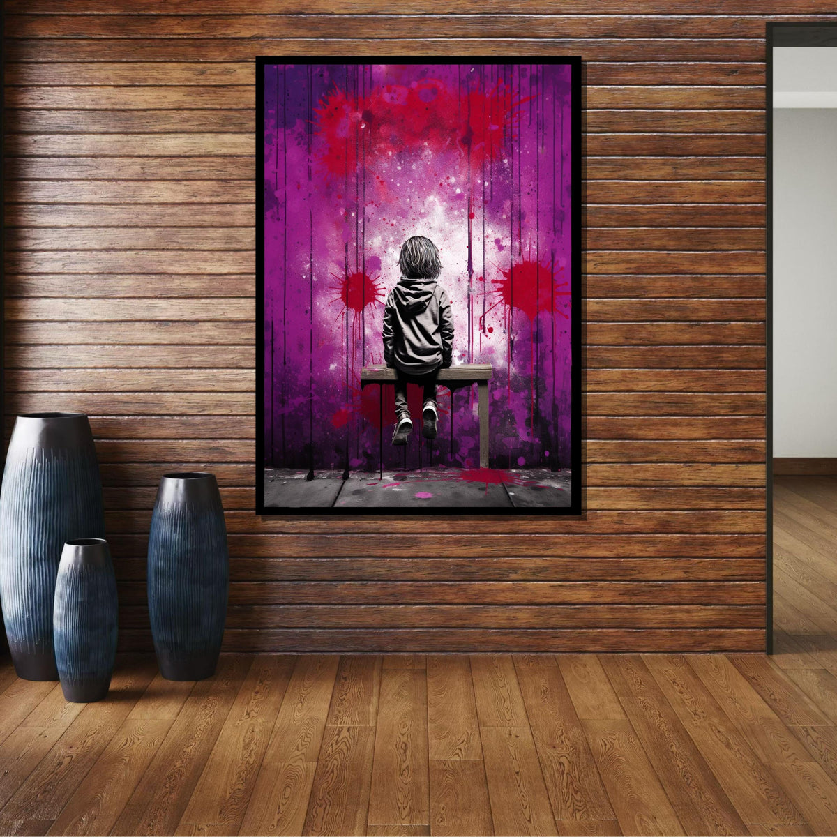 Street Art Canvas, Urban Graffiti Boy on Bench,Emotional Wall Art,Purple and Red Graffiti Print,Ready to Hang,Modern Bedroom or Office Decor