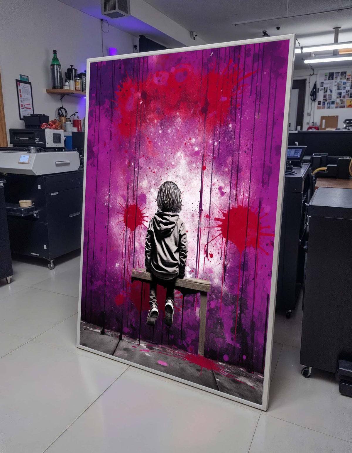 Street Art Canvas, Urban Graffiti Boy on Bench,Emotional Wall Art,Purple and Red Graffiti Print,Ready to Hang,Modern Bedroom or Office Decor
