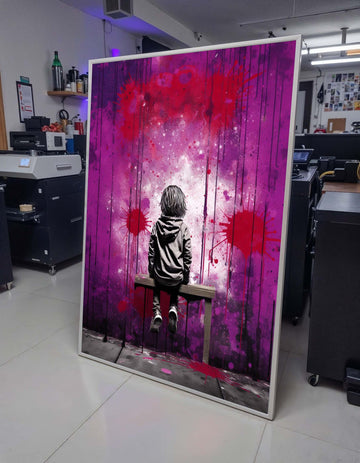 Street Art Canvas, Urban Graffiti Boy on Bench,Emotional Wall Art,Purple and Red Graffiti Print,Ready to Hang,Modern Bedroom or Office Decor