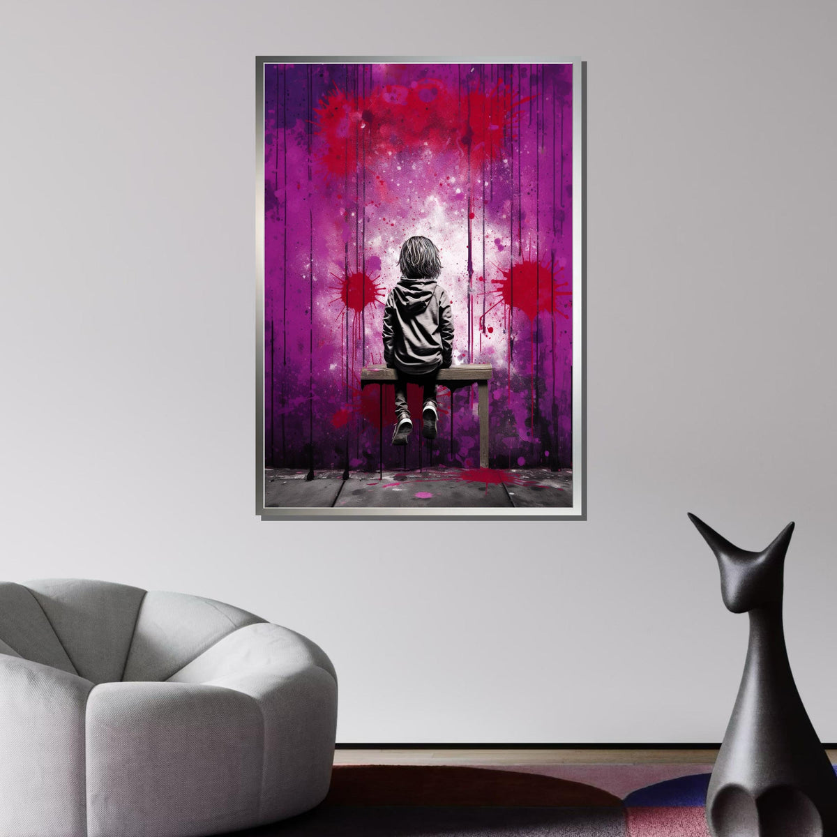Street Art Canvas, Urban Graffiti Boy on Bench,Emotional Wall Art,Purple and Red Graffiti Print,Ready to Hang,Modern Bedroom or Office Decor