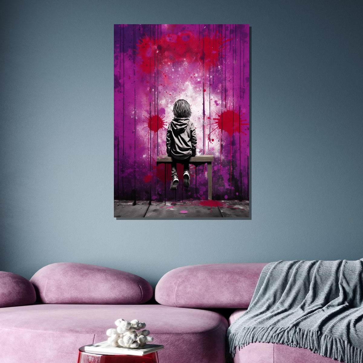 Street Art Canvas, Urban Graffiti Boy on Bench,Emotional Wall Art,Purple and Red Graffiti Print,Ready to Hang,Modern Bedroom or Office Decor