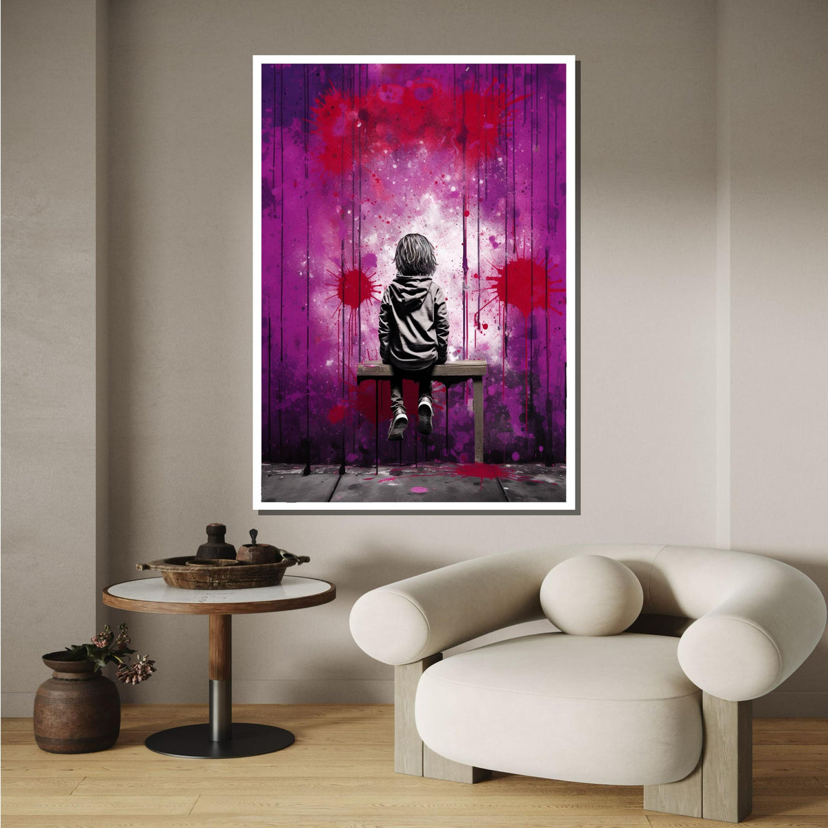 Street Art Canvas, Urban Graffiti Boy on Bench,Emotional Wall Art,Purple and Red Graffiti Print,Ready to Hang,Modern Bedroom or Office Decor