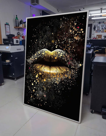 Golden Lips Wall Art, Glamorous Sparkle Lips Canvas, Luxury Gold Glitter Artwork, Modern Glam Wall Decor, Ready to Hang