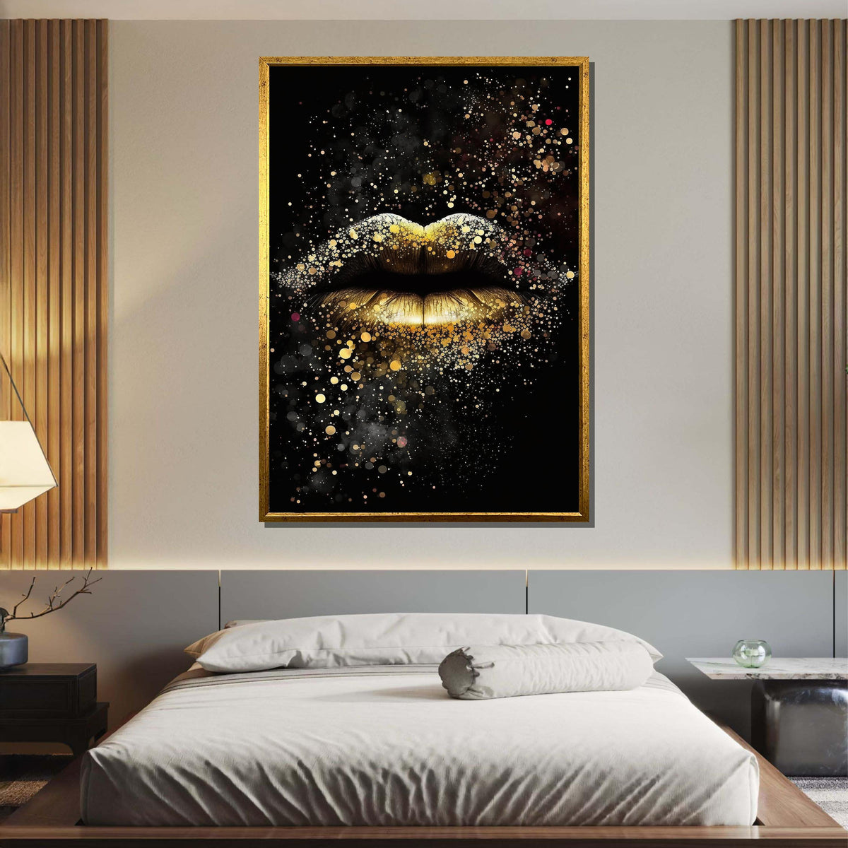 Golden Lips Wall Art, Glamorous Sparkle Lips Canvas, Luxury Gold Glitter Artwork, Modern Glam Wall Decor, Ready to Hang