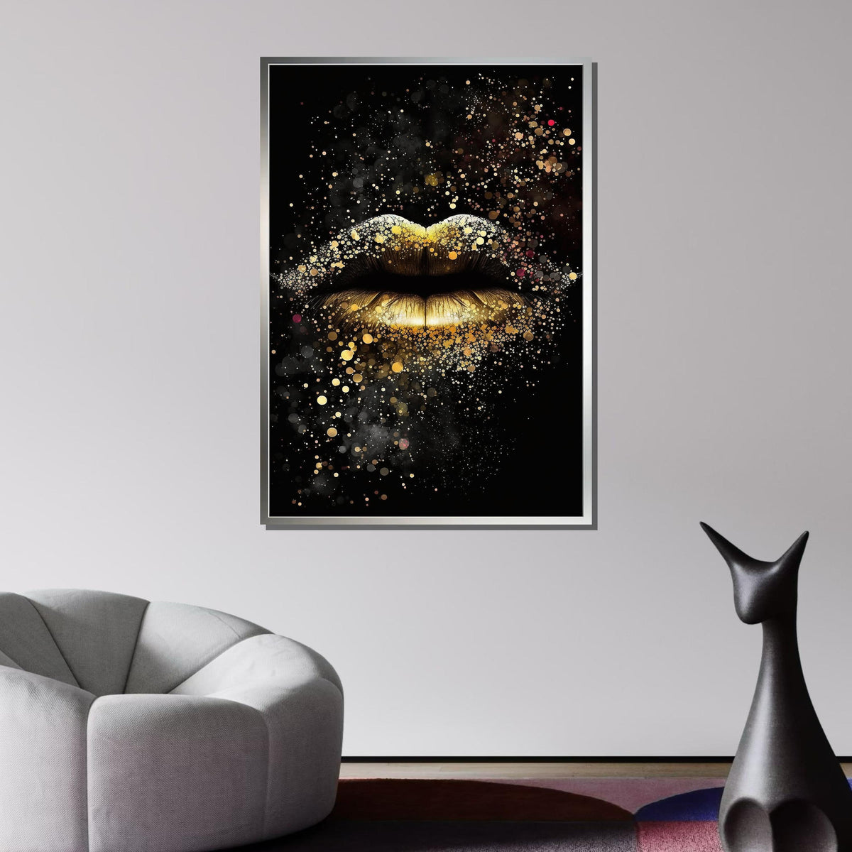 Golden Lips Wall Art, Glamorous Sparkle Lips Canvas, Luxury Gold Glitter Artwork, Modern Glam Wall Decor, Ready to Hang