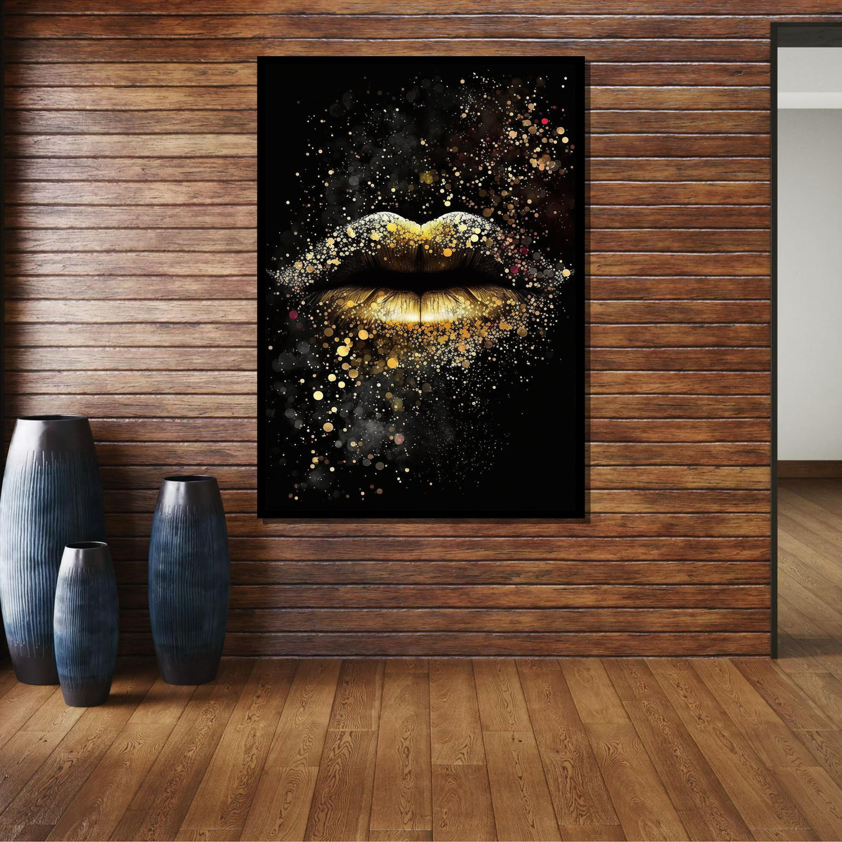 Golden Lips Wall Art, Glamorous Sparkle Lips Canvas, Luxury Gold Glitter Artwork, Modern Glam Wall Decor, Ready to Hang