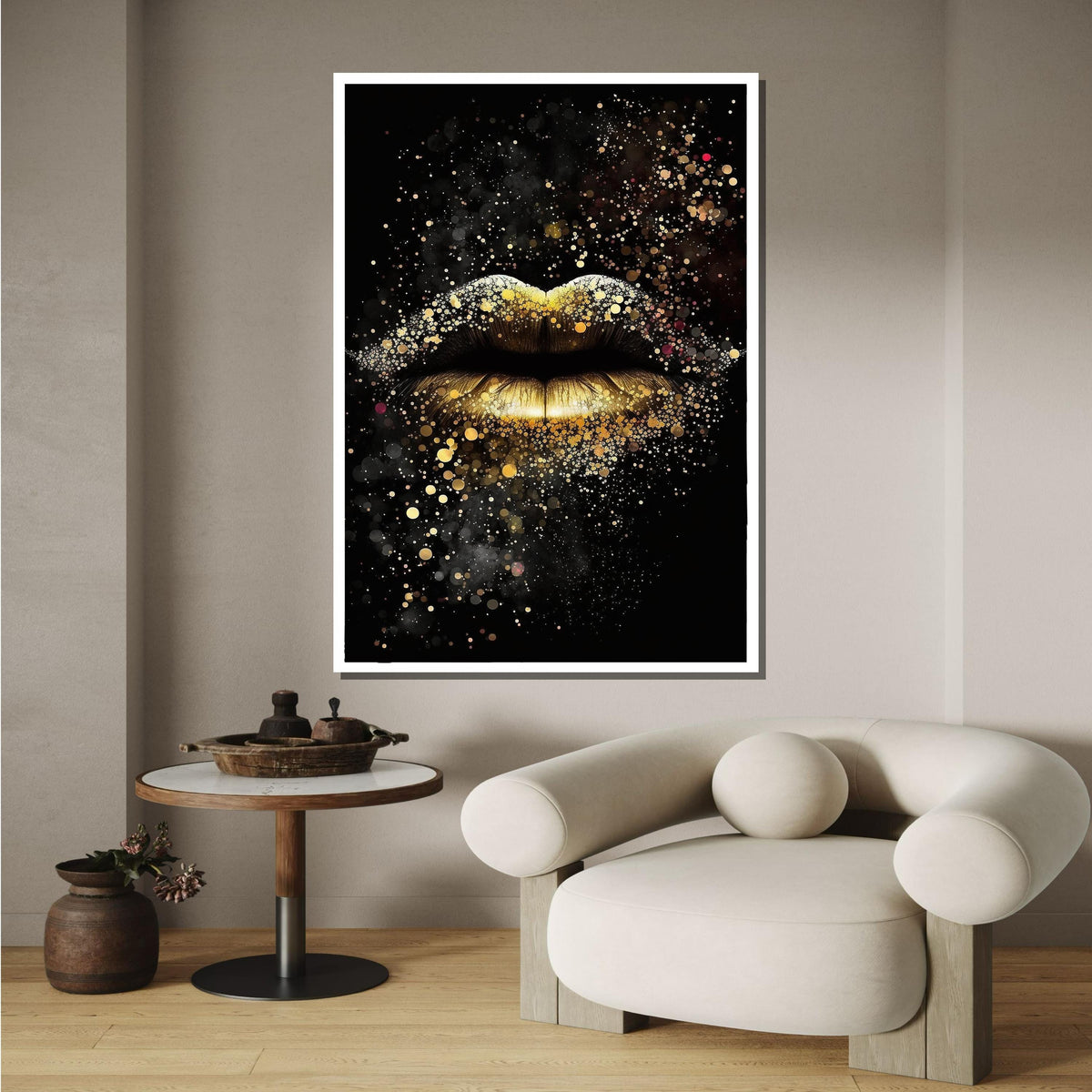 Golden Lips Wall Art, Glamorous Sparkle Lips Canvas, Luxury Gold Glitter Artwork, Modern Glam Wall Decor, Ready to Hang