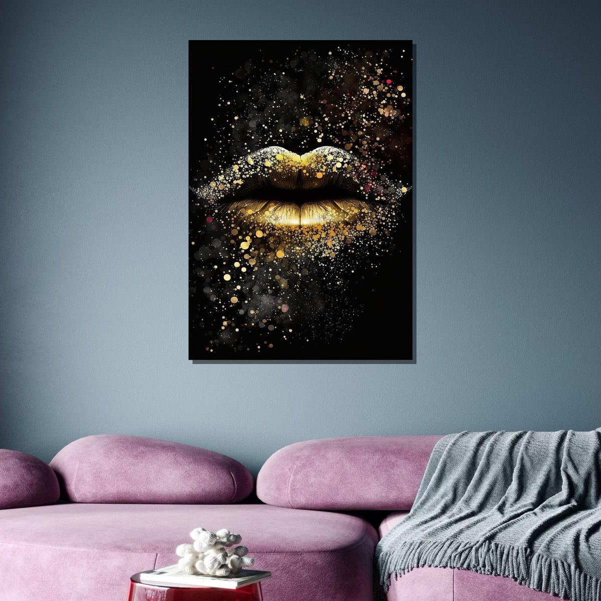 Golden Lips Wall Art, Glamorous Sparkle Lips Canvas, Luxury Gold Glitter Artwork, Modern Glam Wall Decor, Ready to Hang