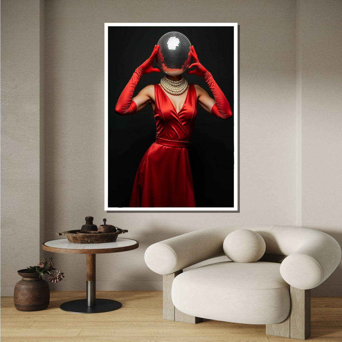 Woman Canvas, Disco Ball Head Art Print, Glam Red Dress Wall Art, Retro Fashion Decor, Elegant Disco Glamour, Unique Party Art,Ready to Hang