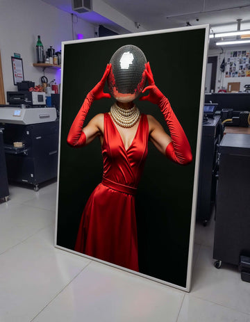 Woman Canvas, Disco Ball Head Art Print, Glam Red Dress Wall Art, Retro Fashion Decor, Elegant Disco Glamour, Unique Party Art,Ready to Hang