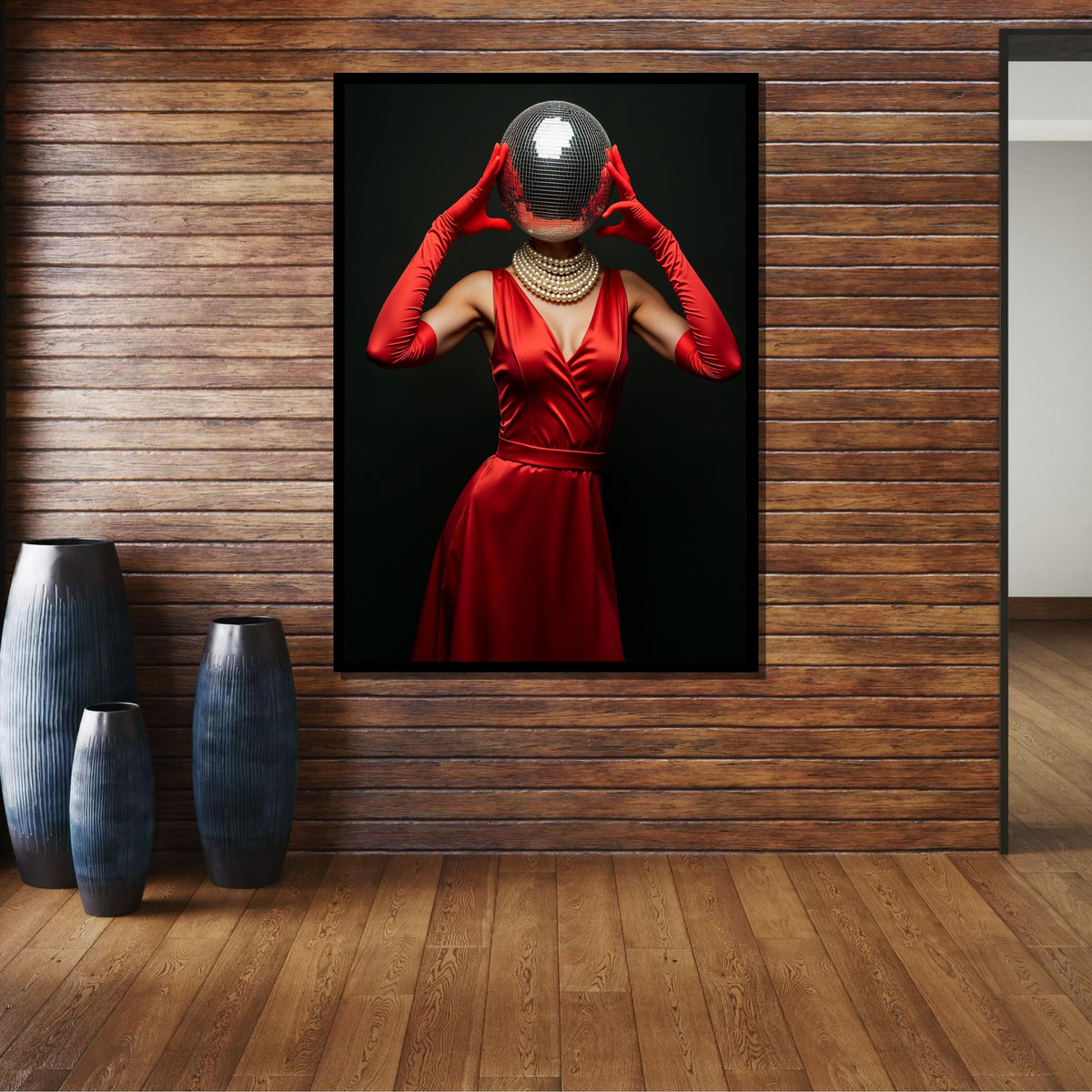 Woman Canvas, Disco Ball Head Art Print, Glam Red Dress Wall Art, Retro Fashion Decor, Elegant Disco Glamour, Unique Party Art,Ready to Hang