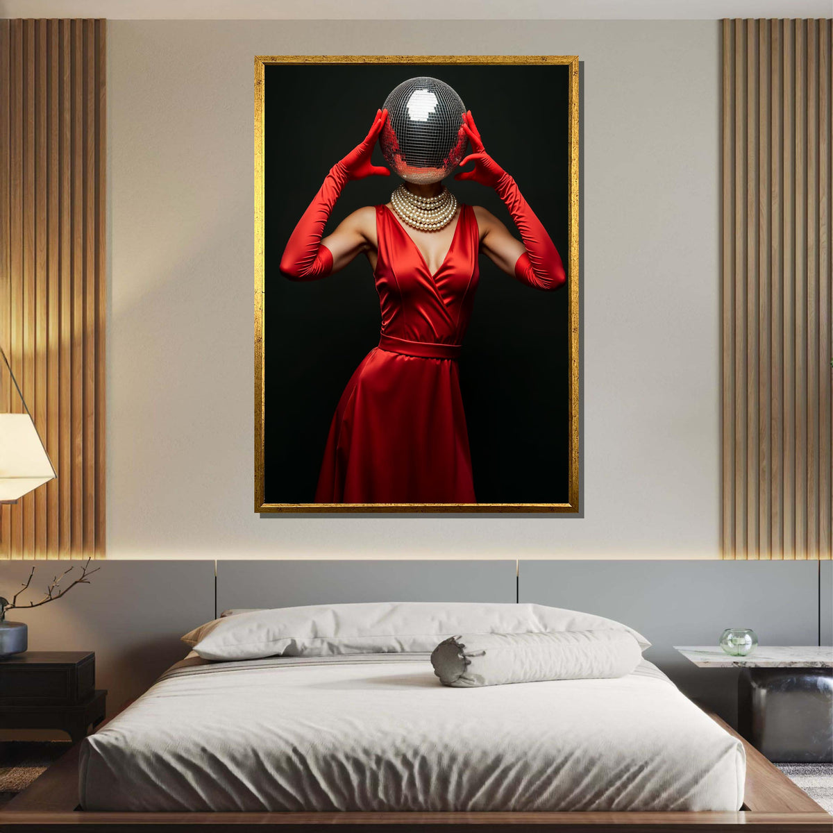 Woman Canvas, Disco Ball Head Art Print, Glam Red Dress Wall Art, Retro Fashion Decor, Elegant Disco Glamour, Unique Party Art,Ready to Hang