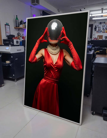 Woman Canvas, Disco Ball Head Art Print, Glam Red Dress Wall Art, Retro Fashion Decor, Elegant Disco Glamour, Unique Party Art,Ready to Hang