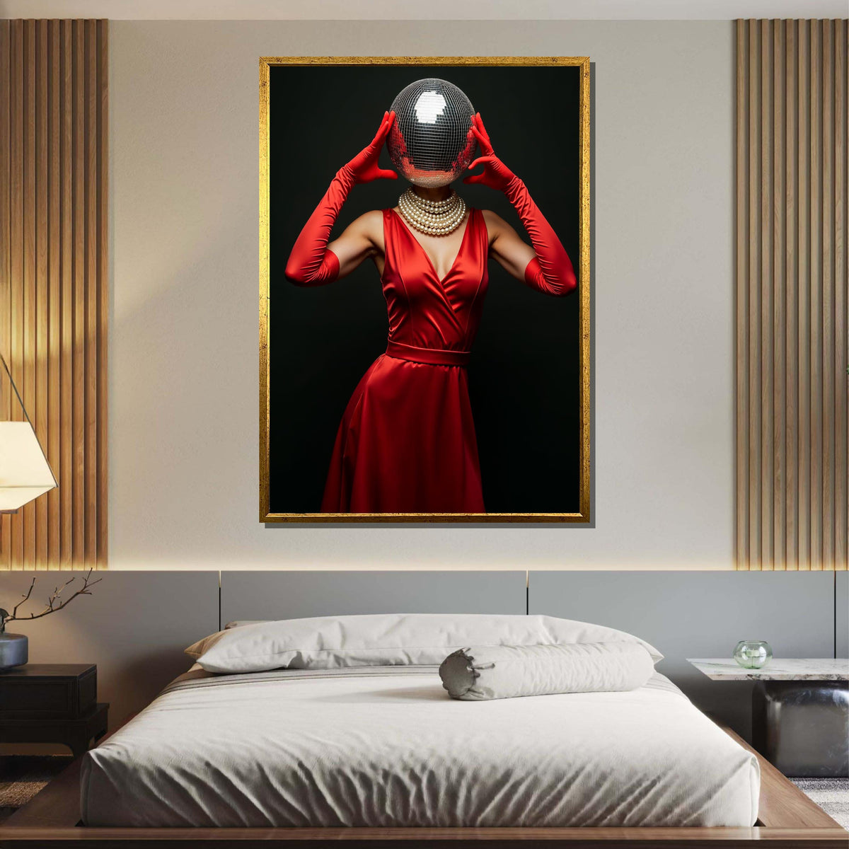 Woman Canvas, Disco Ball Head Art Print, Glam Red Dress Wall Art, Retro Fashion Decor, Elegant Disco Glamour, Unique Party Art,Ready to Hang