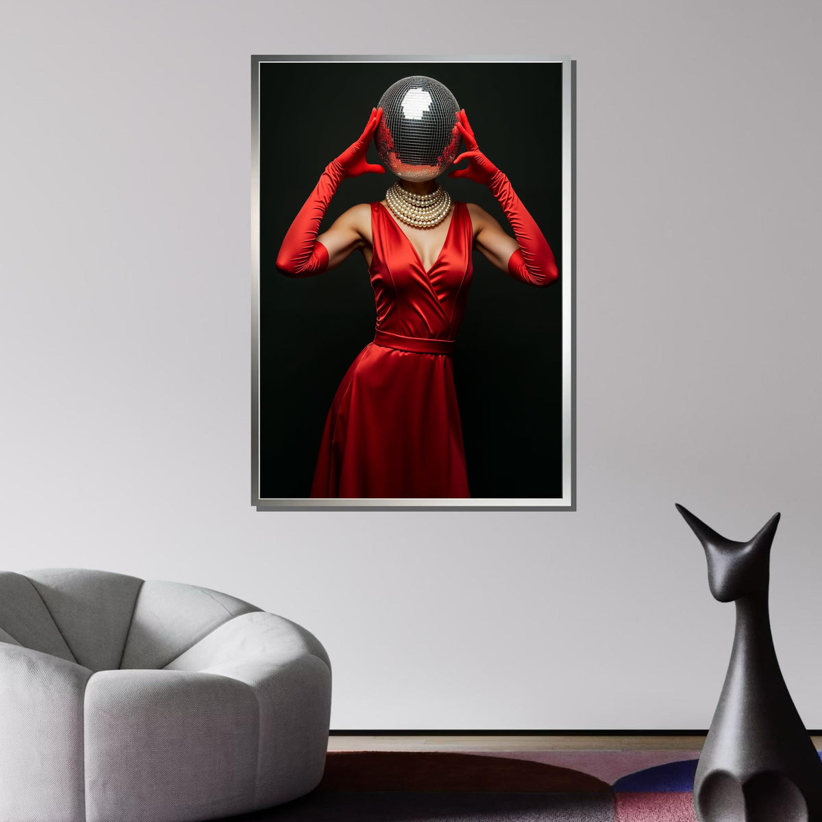 Woman Canvas, Disco Ball Head Art Print, Glam Red Dress Wall Art, Retro Fashion Decor, Elegant Disco Glamour, Unique Party Art,Ready to Hang
