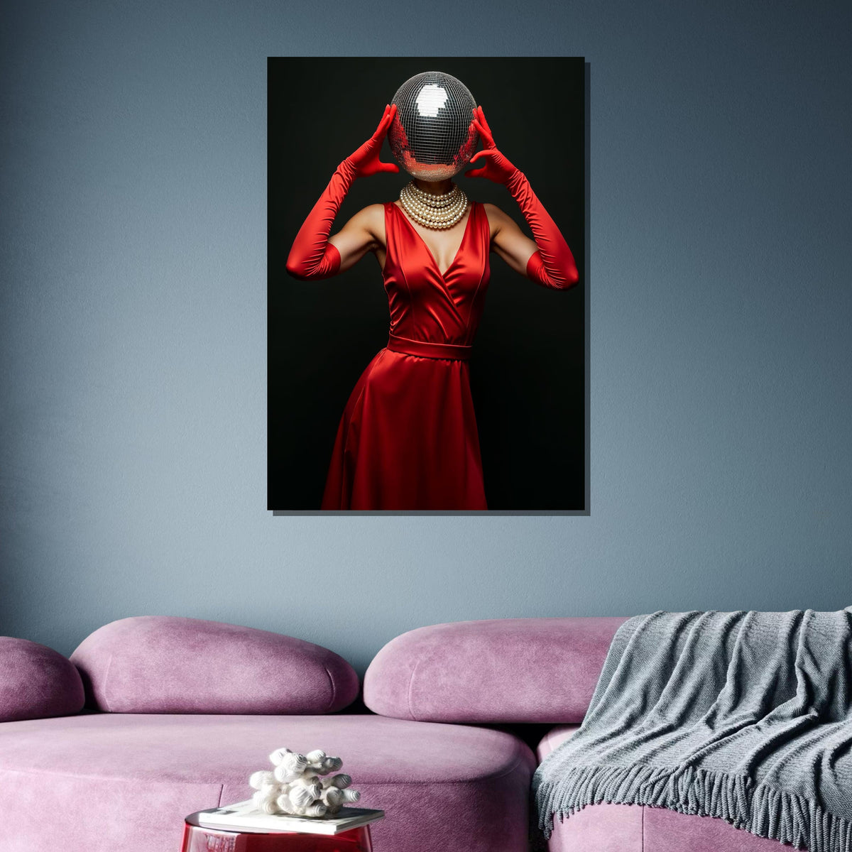 Woman Canvas, Disco Ball Head Art Print, Glam Red Dress Wall Art, Retro Fashion Decor, Elegant Disco Glamour, Unique Party Art,Ready to Hang